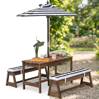 Picknicktafel - Kinderen - Tuintafel - Multifunctionele Picknick tafel - Met parasol - Speeltafel - Geschikt voor Buiten - Hout - Blauw