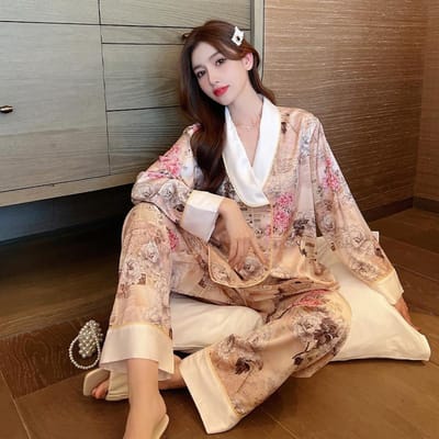 Lente Nieuwe Luxe Chinese Kraag Huispyjama Set Satijn Unieke Schoonheid Damespyjama Huispak Pyjama XL beige