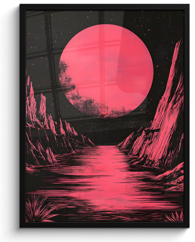 Poster in lijst - Fotolijst 50x70 cm - Posters - Maan - Felroze - Bergen - Rivier - Posterlijst zwart - Decoratie - Wanddecoratie woonkamer - Muurdecoratie slaapkamer
