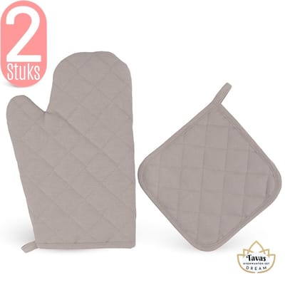 Dream Ovenwant met Pannenlap - Set van 2 - Grijs - Hittebestendig - Katoen - Thermolite tot 250°C | Pannenlappen - Ovenwanten - Ovenhandschoenen