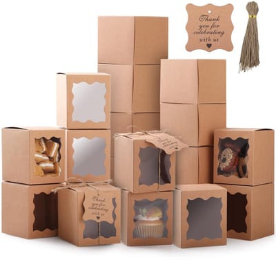 Dailygoods - GeeRic Geschenkdozen, 20 stuks, 8,5 x 8,5 x 10 cm, geschenkdozen met transparant venster + koord + vintage etiket, doe-het-zelf verpakking, kaarsen, koekjes, snoep, sieradenbox voor bruiloft, feest