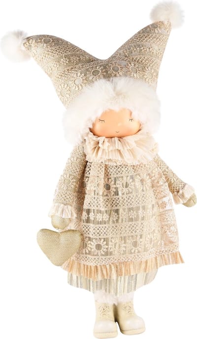 Dekoratief | Winterpop staand m/hartje, beige, stof, 20x20x49cm | A245628