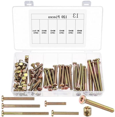 Set van 120 Meubel Schroeven M6 met Cilinder Moeren en Kruis Moeren - Platkop Schroeven M6 in Diverse Lengtes van 33 tot 80 mm