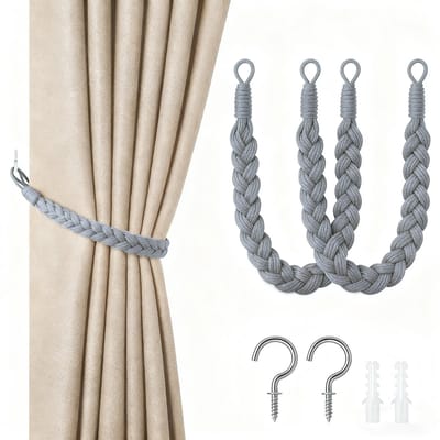 2-pack gordijnbanden - 60cm gordijnkoordgesp - handgeweven gordijnbanden - gedraaide gordijnbanden - met haken - geschikt voor thuis, kantoor, woonkamer, slaapkamer