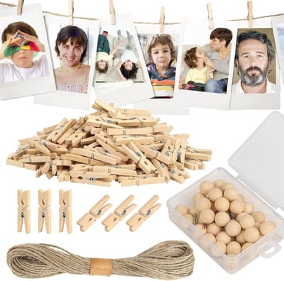100 Pcs Houten Knijpers om Foto's op te Hangen, Mini-Wasknijpers met Touw, Ophangknijpers voor Foto's, Afbeeldingen, Knutselwerkjes, Thuis, Verjaardag, Bruiloftsfeest, Decoratie