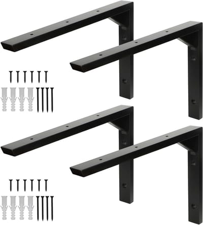 Set van 4 Zwarte Planksteunen - RVS L-vormige Wandplankondersteuning met Driehoekige Versteviging, Hol Ontwerp, Inclusief Schroeven en Pluggen, 30 cm