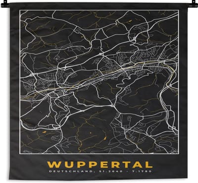 Wandkleed - Wanddoek - Stadskaart – Plattegrond – Duitsland – Goud – Wuppertal – Kaart - 180x180 cm - Wandtapijt