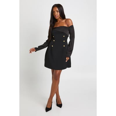 boohoo Dames Bardot lange mouwen getailleerde mini-jurk | Black | Maat: 8