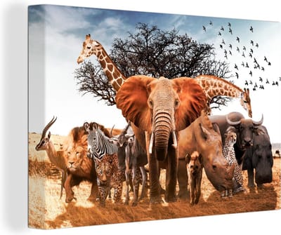 Olifant Schilderij - Dieren - Luipaard - Leeuw - Buffalo - Neushoorn - Zebra - Giraffe - 30x20 cm - Muurdecoratie