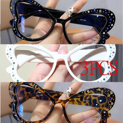 3 STUKS Vlinder Vorm dames Brilmonturen Strass Decoratie Anti Blauw Licht dames Bril Koreaanse Stijlvolle Decoratieve Bril voor dagelijks gebruik gray