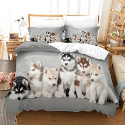 Schattige Witte Honden Beddengoed Set Lieflijke Puppy Husky Dekbedovertrek Set King Queen Maat Dekbedovertrek Set met Kussensloop Bedlinnen voor Meisjes 70x133cm 2pcs