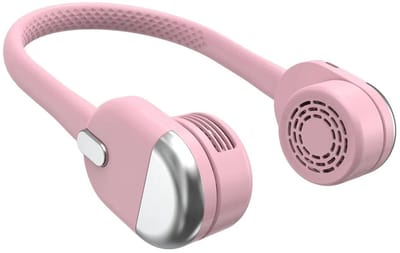 Oplaadbare nekventilator, 360° draaibaar, dubbele turbines, 3 windsnelheden, raakt het haar niet in de war, geschikt voor sporten en reizen, roze.