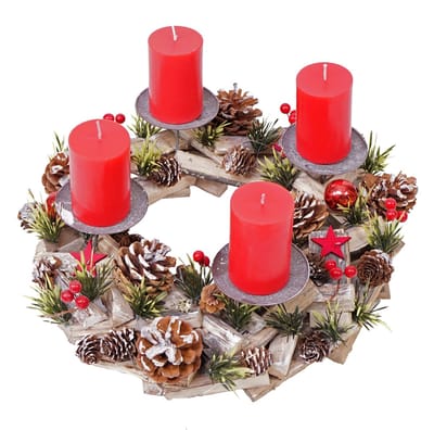 Adventskrans MCW-H50, kerstdecoratie adventsstuk kerststuk, hout rond Ø 33 cm MVG ~ incl. 4x rode kaarsen
