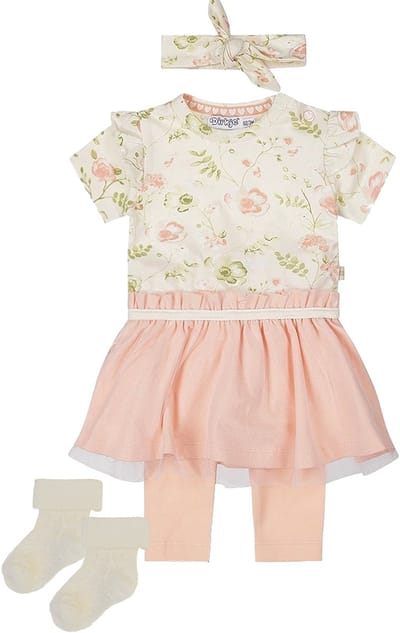 Dirkje - Noppies - Kledingset - Offwhite jurkje met bloemen met zalmroze rokje - Zalmoze leging - haarbandje - 1 paar sokjes oatmeal met werkje - Maat 56