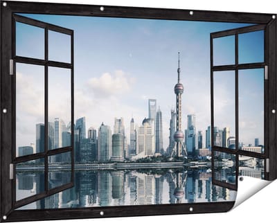 Gards Tuinposter Doorkijk Shanghai Skyline in China - 150x100 cm - Tuindoek - Tuindecoratie - Wanddecoratie buiten - Tuinschilderij