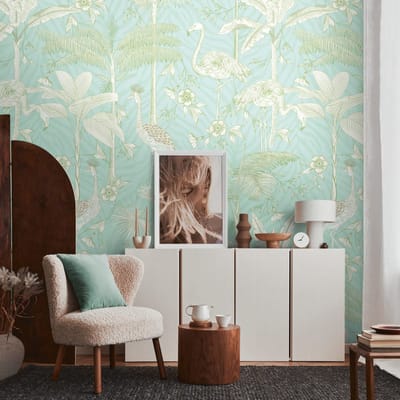 Fotobehang Profhome 392061-GU vliesbehang hardvinyl warmdruk in reliëf glad met dieren patroon mat turkoois wit groen 1,59 m x 2,8 m