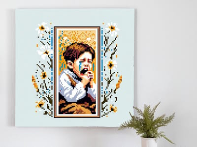 Pixel art huilend kind schilderij | Tears of a Pixelated Child: A Heartbreaking Artistic Masterpiece | Kunst - 40x40 centimeter op Canvas | Foto op Canvas