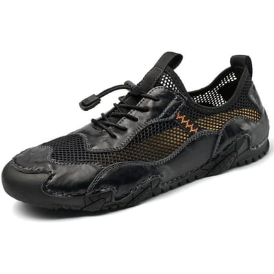 Zomer Nieuwe Herenschoenen Ademend Casual Sneaker Heren Trendy Alles-Passend Echt Leer Mesh Schoenen 46 black