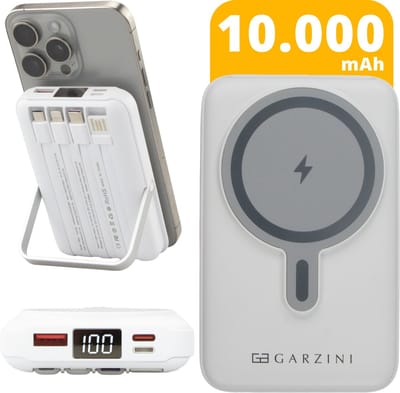 Garzini MagSafe Powerbank 10.000 mAh – Draadloos & MagSafe Opladen – 15W Snellader – 4 Kabels (USB-C, Lightning, Micro-USB, USB-A) – LED-display – iPhone 12/13/14/15/16/17 & Android - Noodpakket – Wit