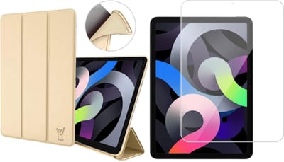 Hoes geschikt voor iPad Air 2022 / 2020 10.9 inch - Trifold Smart Book Case Cover Kunstleer Hoesje Goud - Tempered Glass Screenprotector