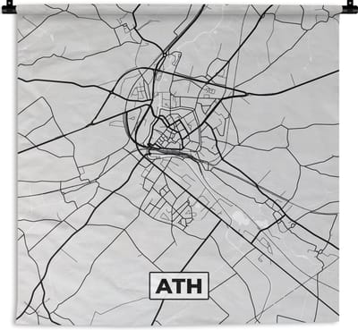 Wandkleed - Wanddoek - Stadskaart – Zwart Wit - Kaart – Ath – België – Plattegrond - 180x180 cm - Wandtapijt