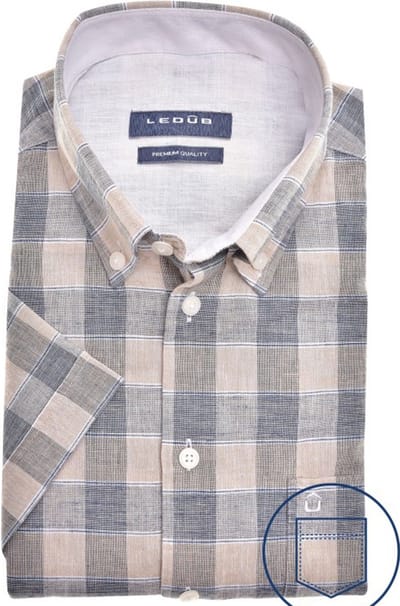 Ledub modern fit overhemd - korte mouw - lichtbruin - Strijkvriendelijk - Boordmaat: 44