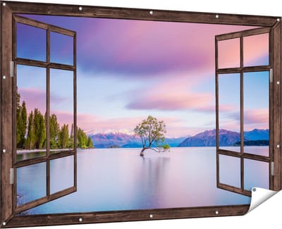 Gards Tuinposter Doorkijk Wanaka Boom in het Water bij Zonsopgang - 180x120 cm - Tuindoek - Tuindecoratie - Wanddecoratie buiten - Tuinschilderij