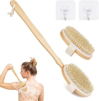 Set van 2 Exfoliërende Doucheborstels met Lange Houten Handgreep, Natuurlijke Haren voor Nat en Droog Gebruik, Ideaal voor Lichaamsverzorging en Peeling - Lengte 42 cm