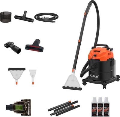 Kibani Nat/ Droogzuiger - Inclusief 3 flessen Reinigingsmiddel - Alleszuiger met Accessoires - met Sproeifunctie - 1600W - Tapijtreiniger - Inclusief Opzetstukken