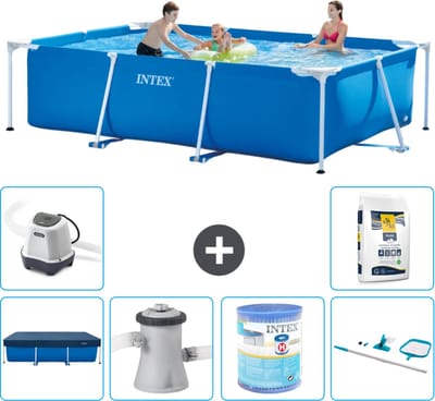Intex Rechthoekig Frame Zwembad - 300 x 200 x 75 cm - Blauw - Inclusief Afdekzeil - Zwembadfilterpomp - Filter - Schoonmaakset - Zoutwatersysteem - Zwembadzout - 7-delig