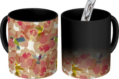 Magische Mok - Foto op Warmte Mokken - Koffiemok - Vogel - Bloemen - Patronen - Kolibrie - Magic Mok - Beker - 350 ML - Theemok