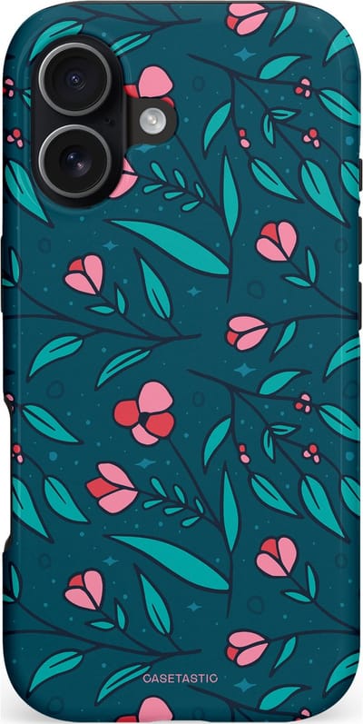 Casetastic hoesje geschikt voor Apple iPhone 17 - MagSafe - Dubbellaagse bescherming - Blauwe Groene Bloemenpracht - Fashion Case - Petrol Donkergrijs