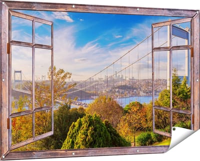 Gards Tuinposter Doorkijk Bosphorus Brug in Instanbul - 150x100 cm - Tuindoek - Tuindecoratie - Wanddecoratie buiten - Tuinschilderij