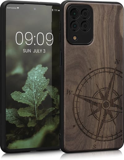 kwmobile telefoonhoesje geschikt voorSamsung Galaxy M53 5G - Hoesje met bumper - hout - In donkerbruin Vintage Kompas design