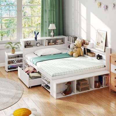 HAUSS SPOLE Kinderbedden 140x200cm - Eenpersoonsbed Met Lades En Kasten - Massief houten Hoogslaper - Inclusief Lattenbodem - MDF - Wit(Zonder Matras)