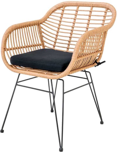 Artichok Madelein rotan tuinstoel naturel - met armleuning en zwart Zitkussen - kunststof - polyrattan - metalen poten
