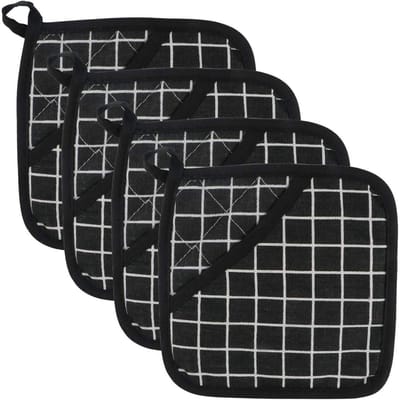 Pannenlappen - Katoenen pannenlappen - Stoffen wanten - Hittebestendige onderleggers - Vierkante pannenlappen - met zakken - Set van 4 voor koken en bakken in de keuken - Zwart en wit