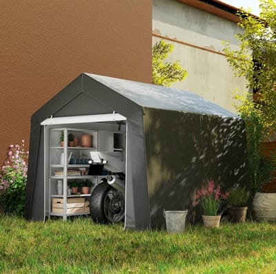 MEUNIQ Garagetent 302 x 300 x 235 cm met roldeur, ventilatieraam en verlengde rand, opslagtent van verzinkt staal voor tuin of buitenruimte, donkergrijs