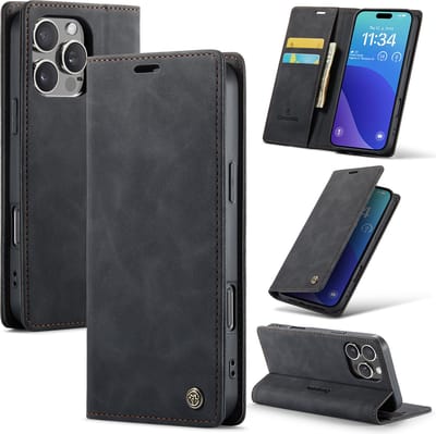 Casemania Hoesje Geschikt voor Apple iPhone 16 Pro Max - Charcoal Gray - Dunne Portemonnee Book Case - Slim Wallet Case met Pasjeshouder
