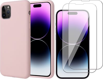 Hoesje geschikt voor iPhone 14 Pro - Matte Back Cover Microvezel Siliconen Case Hoes Roze - 2x Tempered Glass Screenprotector