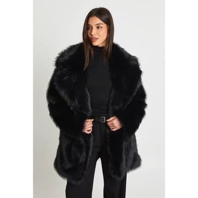 boohoo Dames Lange Vintage Look Nepbont Jas | Black | Maat: 8