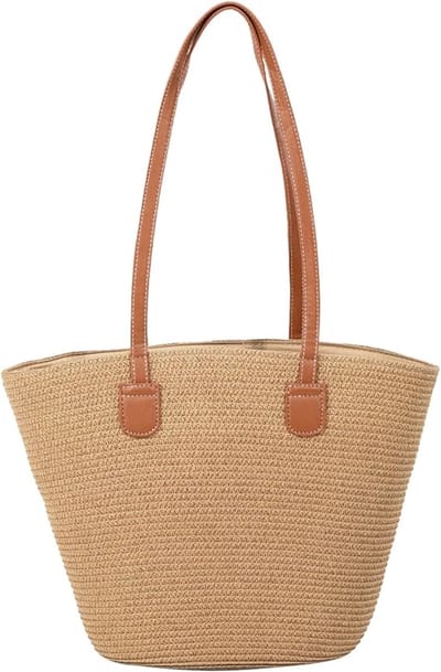 Schoudertas - Damestas van stro - Strandtas - Geweven draagtas - Zomerse tas van raffia en stro, reistas, portemonnee van stro, geschikt voor strandvakanties.