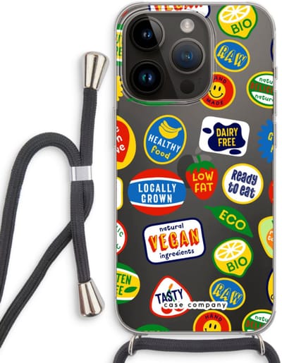 Case Company® - Hoesje met koord geschikt voor iPhone 14 Pro hoesje met Koord - Fruitsticker - Telefoonhoesje met Zwart Koord - Bescherming aan alle Kanten en Over de Schermrand