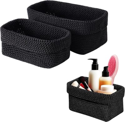 2 stuks katoenen opbergmand, zwarte stapelbare geweven mand, cosmetica-organizer, plankmand, keukenopbergmand, sleutels, sieraden, 21 x 12 x 15,5 cm, zwart