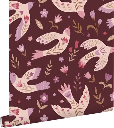 ESTAhome behang bloemen en vogels aubergine paars - 50 x 900 cm - 131759