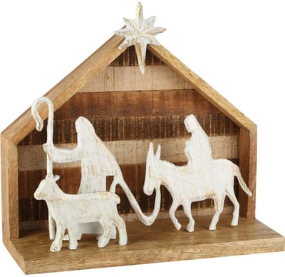 Dekoratief | Kerststal m/kerststalfiguren, naturel/wit, hout/metaal, 26x11x25cm | A258314