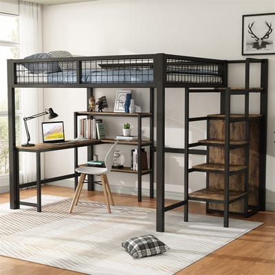YEHTOKHOME Hoogslaper - 140 x 200 cm - ijzeren bed - opbergladder - meerdere planken - inbouwkast - bureau - zonder matras - zwart