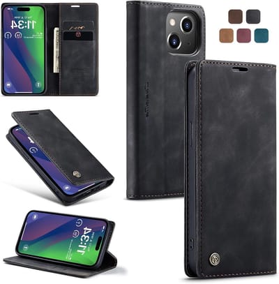 Premium Leren Flip Case voor iPhone 15 Plus met Schokbestendige Functie en Kaartvak - Zwart
