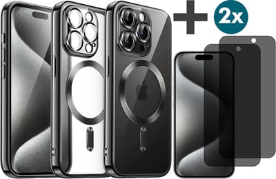 Hoesje met Privacy Screenprotectors 2 Stuks Geschikt voor iphone 15 Pro Max Hoesje - Geschikt voor MagSafe - Arara siliconen Backcover - Zwart