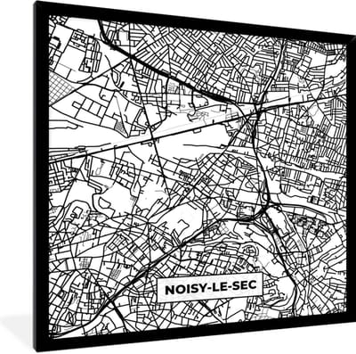 Fotolijst incl. Poster Zwart Wit- Frankrijk - Plattegrond - Stadskaart - Noisy-le-Sec - Kaart - Zwart wit - 40x40 cm - Posterlijst